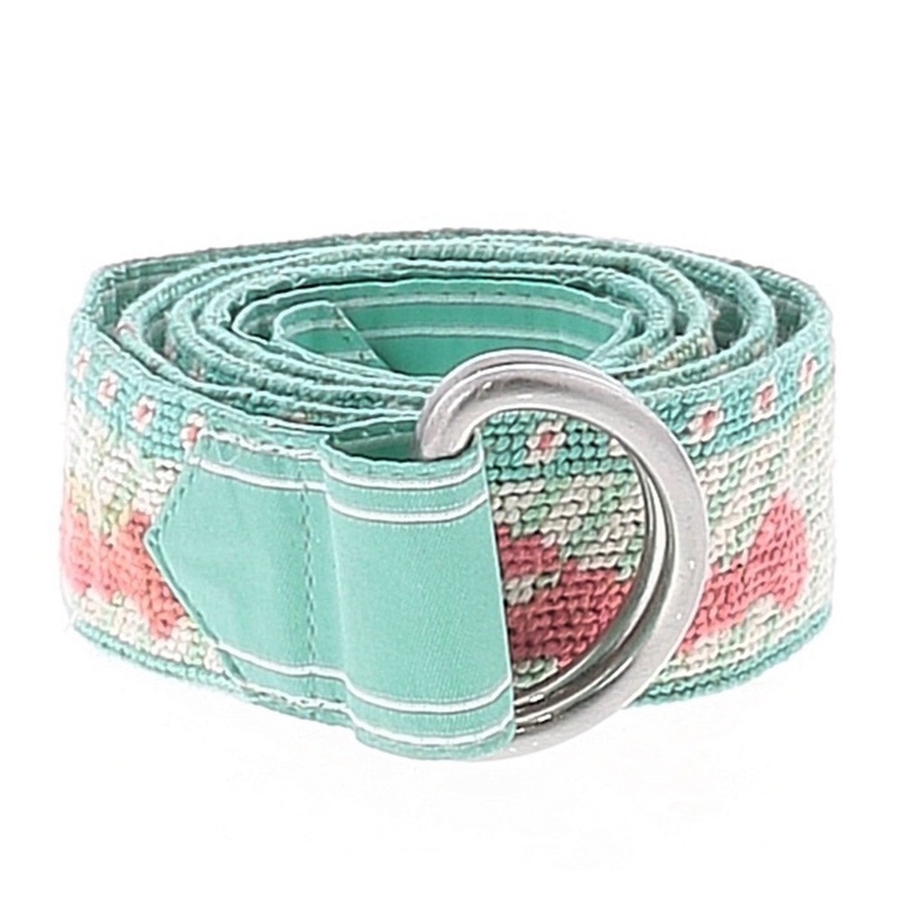 LL Bean Lobster Needlepoint D-Ring Belt Teal Blue Red Canvas Nautical Preppy M